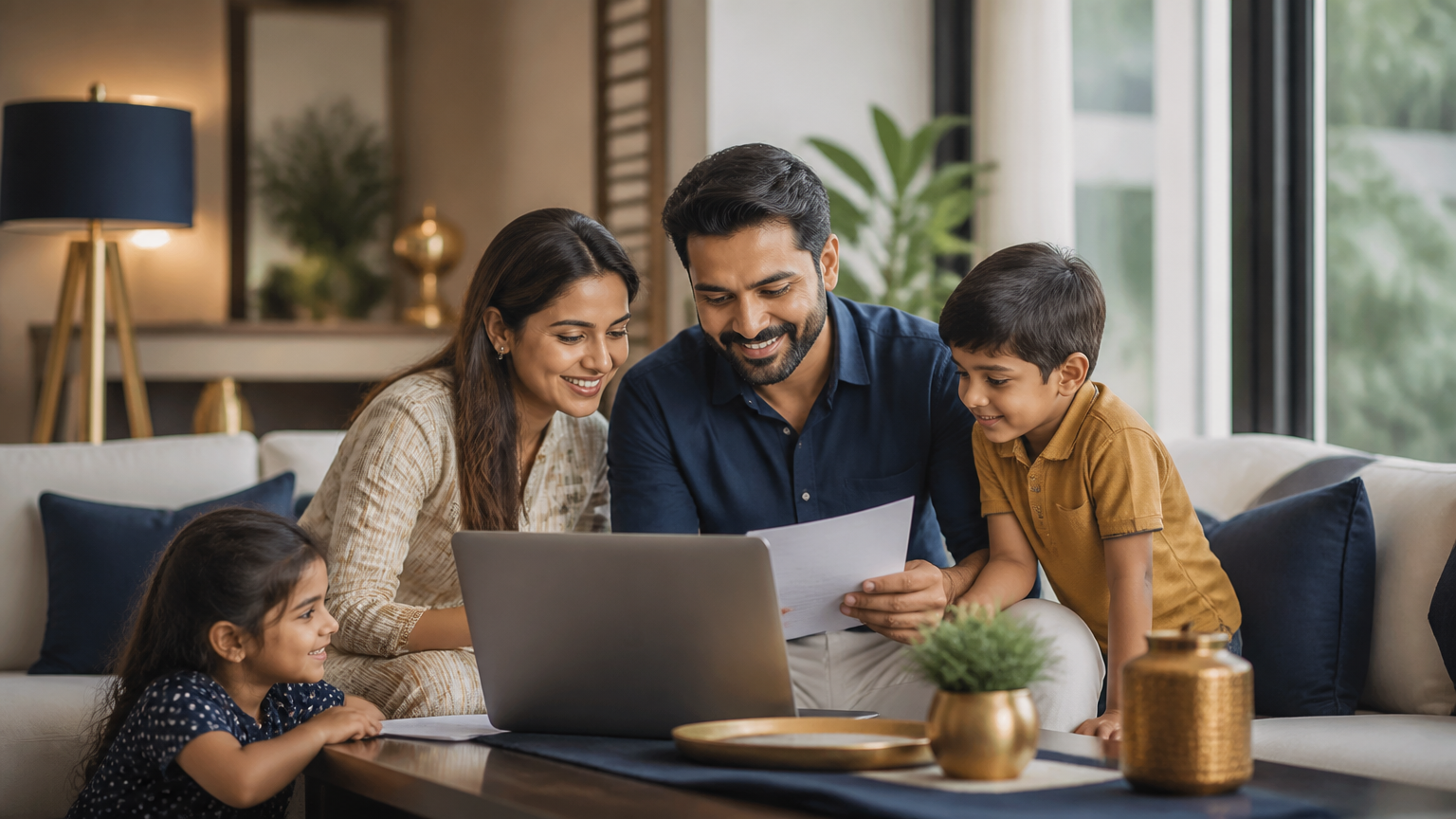 Indian family reviewing term insurance and financial documents together at home