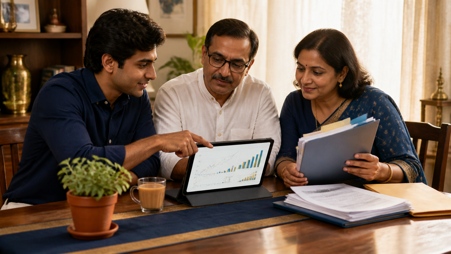 Indian couple reviewing retirement investment options together at home