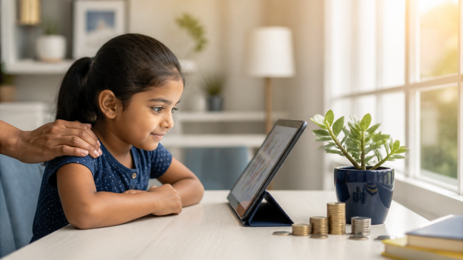 Parent and child planning education savings together on a tablet