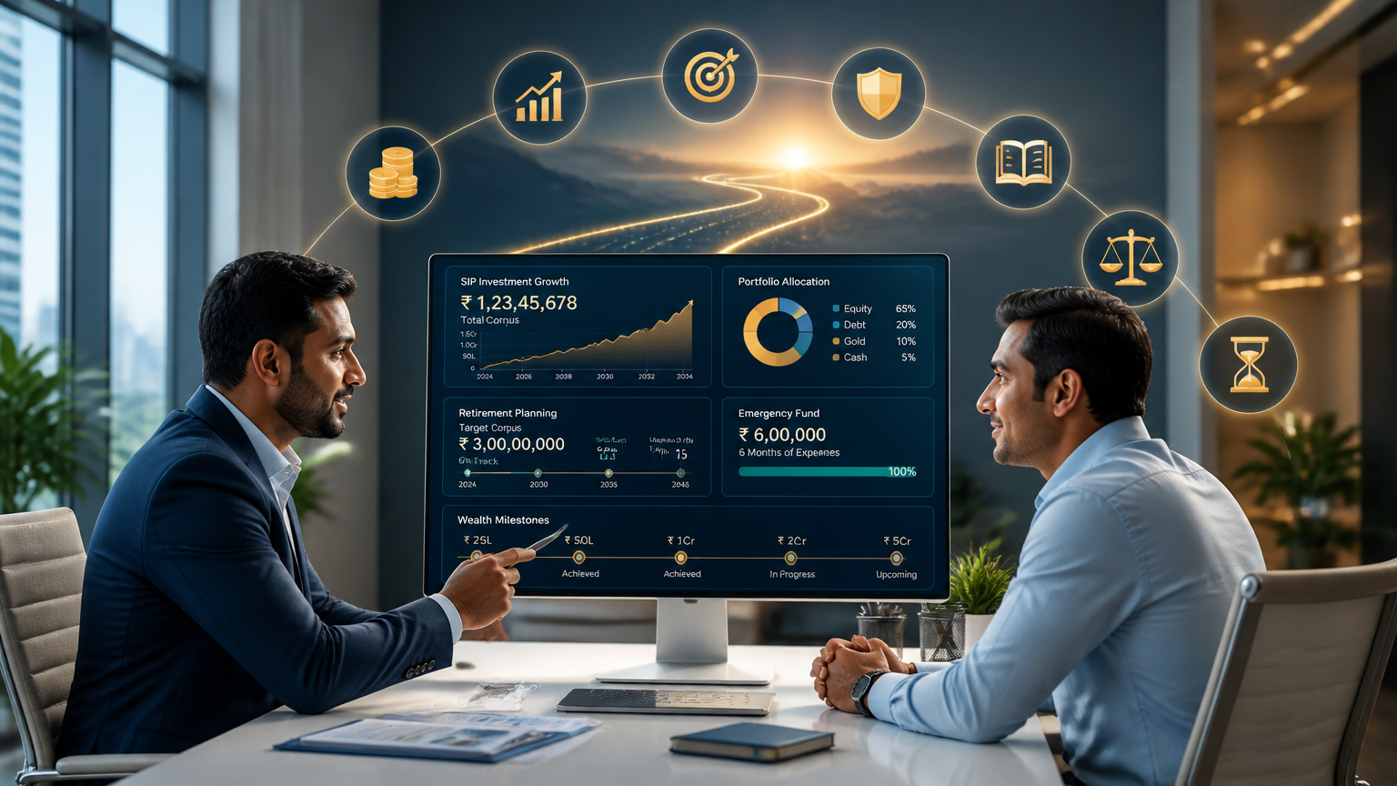 Seven wealth-building habits including consistent saving, SIP investing, goal planning, and long-term financial discipline