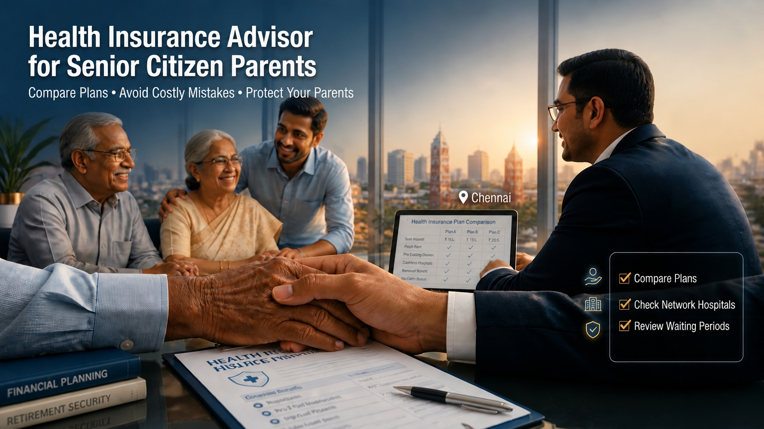 Health insurance advisor helping senior citizen parents compare health insurance plans in Chennai.