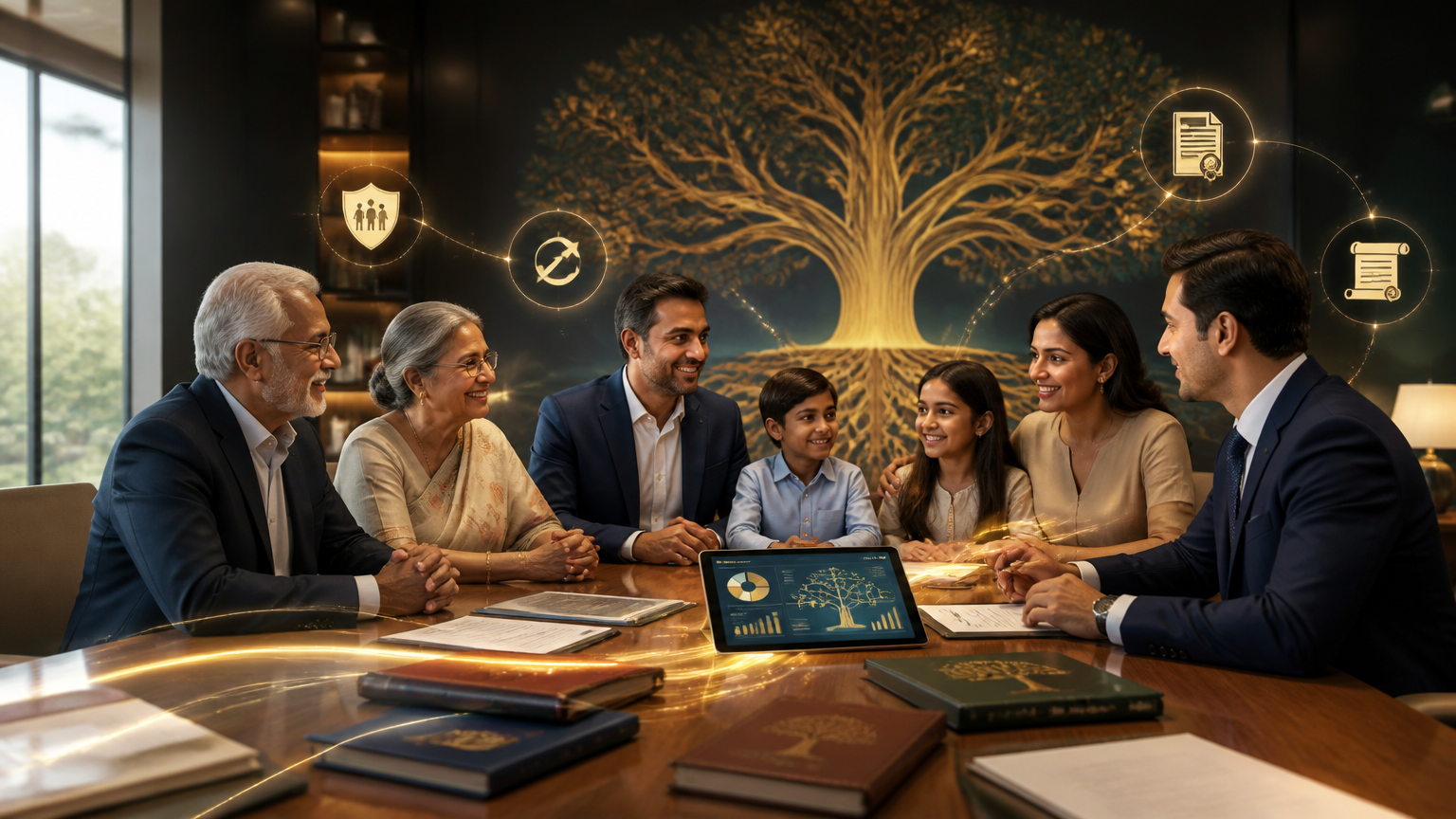 Indian family discussing legacy planning and wealth transfer with a financial advisor for smooth succession and estate planning