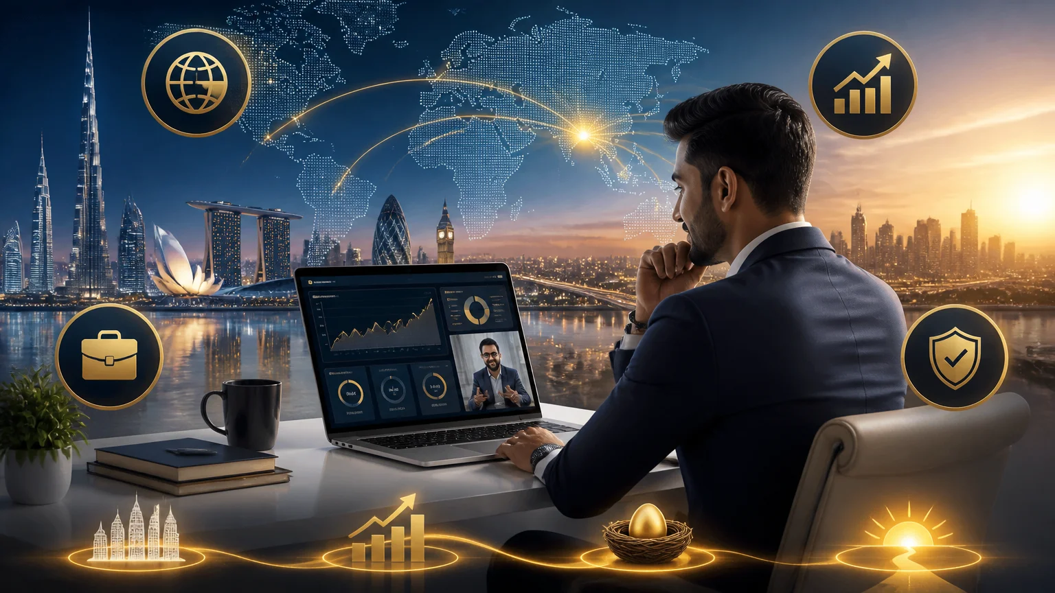 Indian NRI planning retirement with a financial advisor using global investments and long-term wealth management strategies