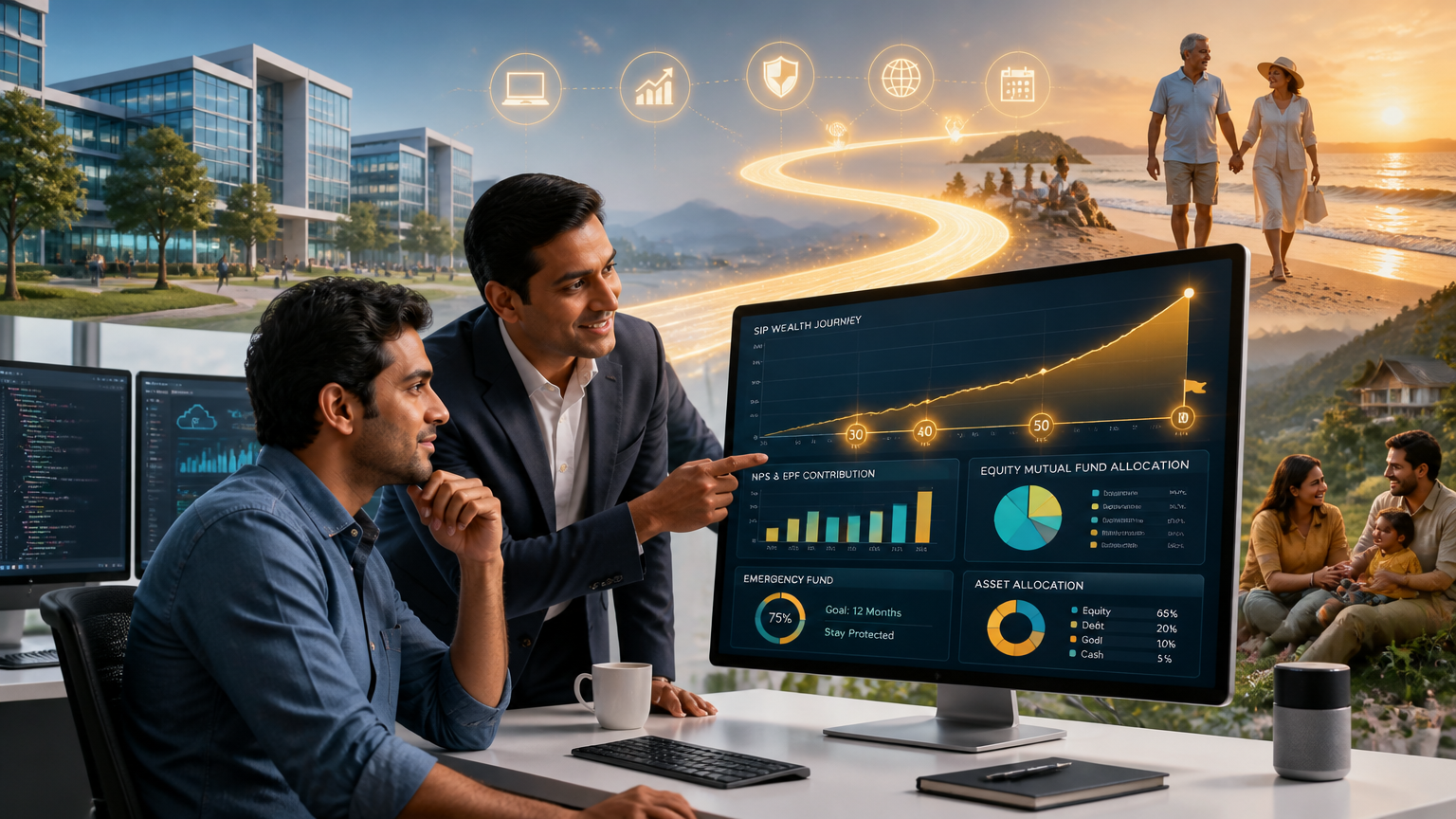 Indian IT professional planning retirement with a financial advisor using SIP, NPS, and long-term investment strategies
