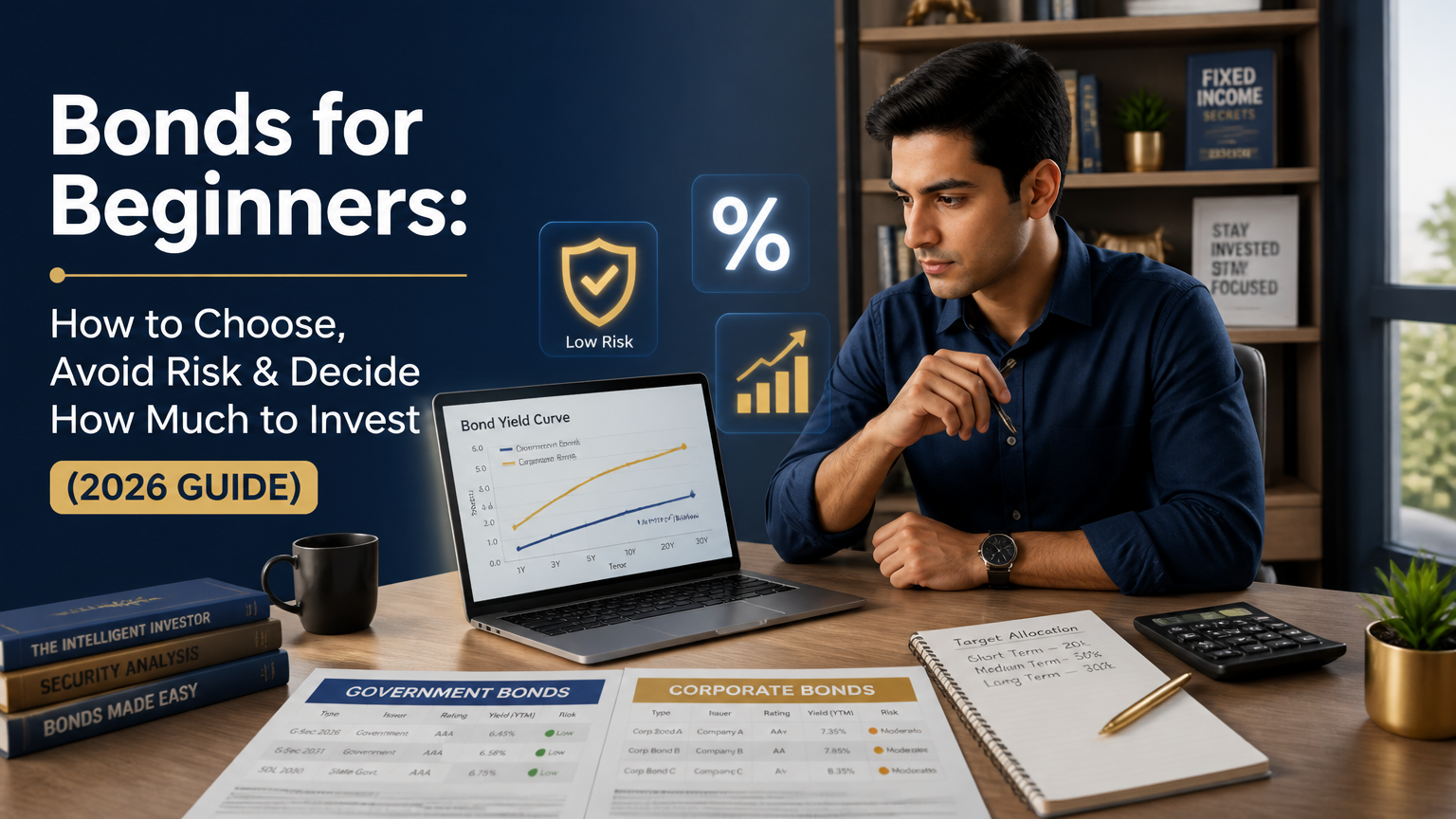 Beginner learning how to invest in bonds with government and corporate bond options, risk management, and investment planning.
