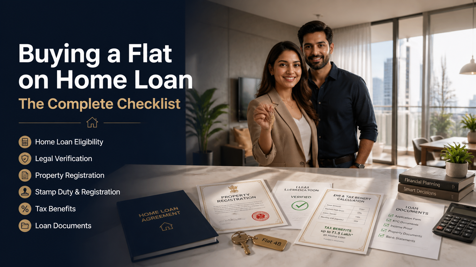 Couple buying a flat with a home loan and reviewing eligibility, legal, registration and tax documents