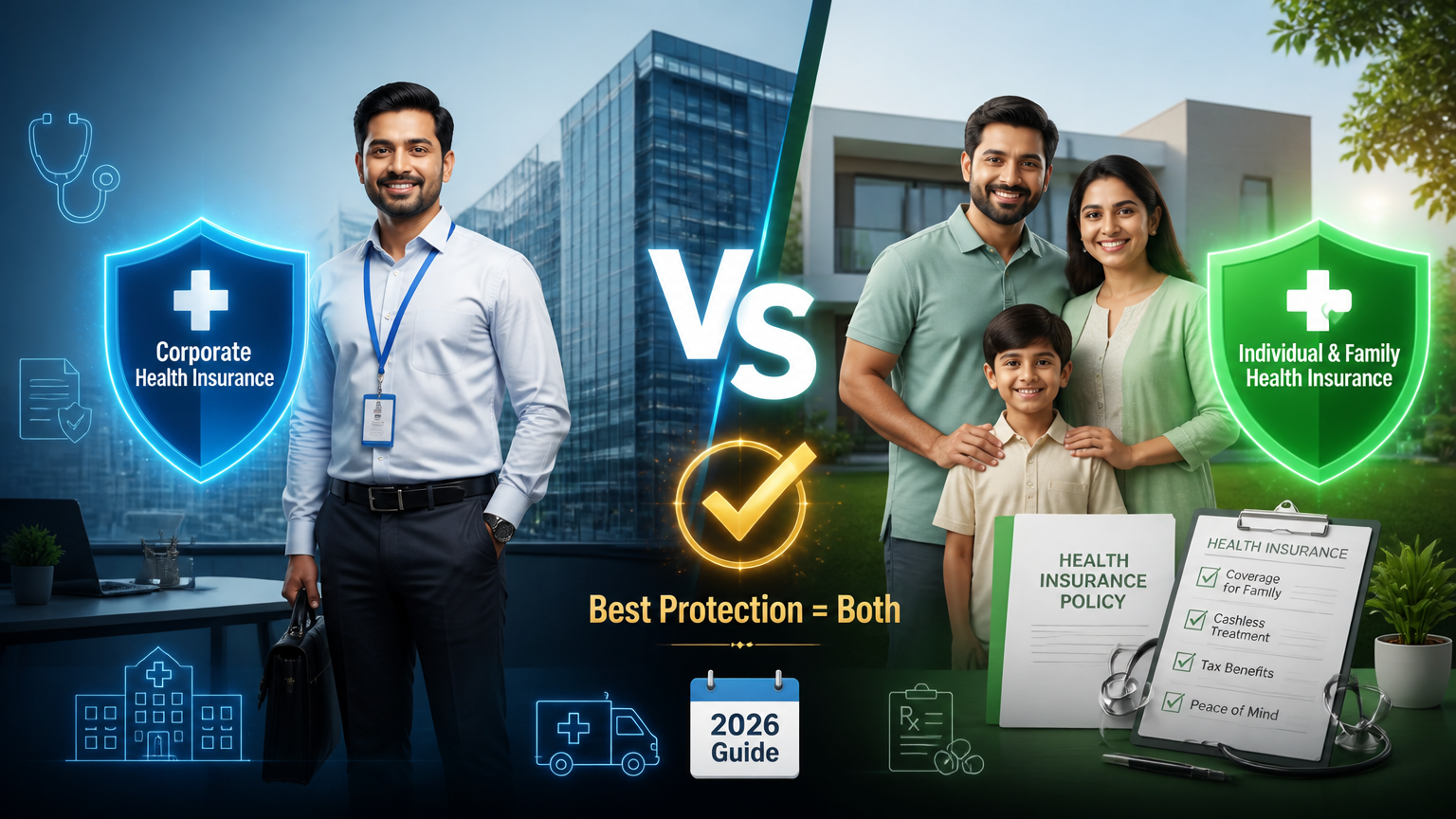 Comparison of corporate health insurance and individual family health insurance showing why both provide complete financial protection in 2026.
