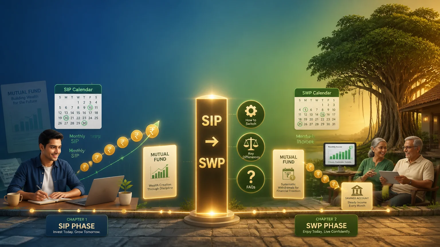 Illustration showing the transition from SIP (Systematic Investment Plan) to SWP (Systematic Withdrawal Plan), explaining how to switch, key differences, and regular income planning through mutual funds.