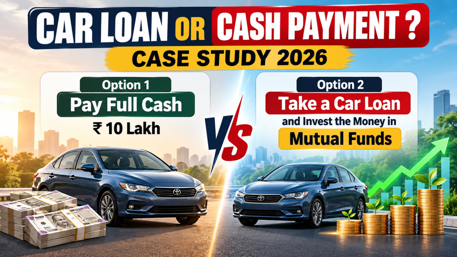 Car loan or cash payment case study comparing a ₹10 lakh car purchase with mutual fund investing