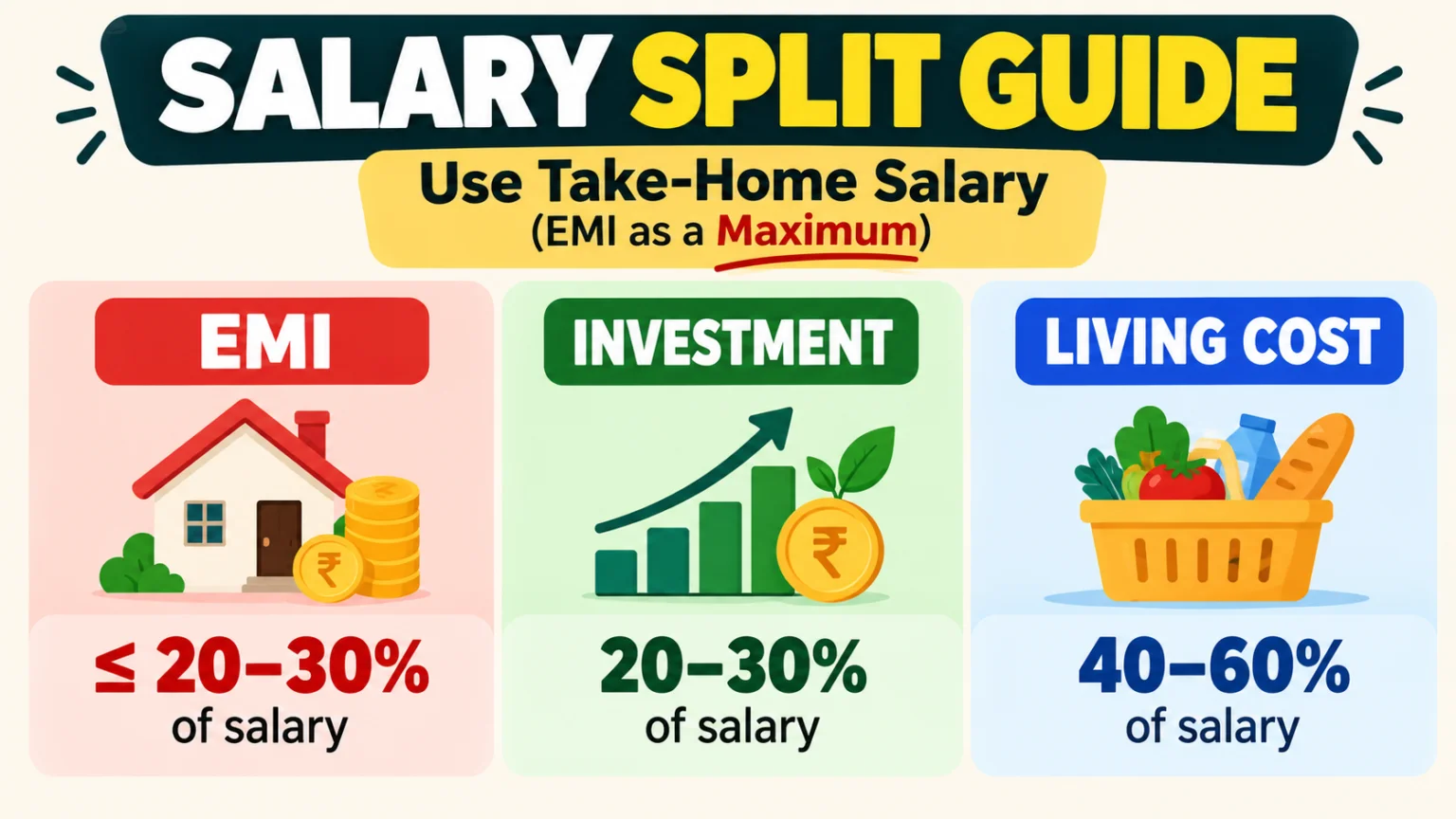 Salary split table showing EMI, investment and living cost percentages for take-home salaries from 15,000 to 1 lakh rupees