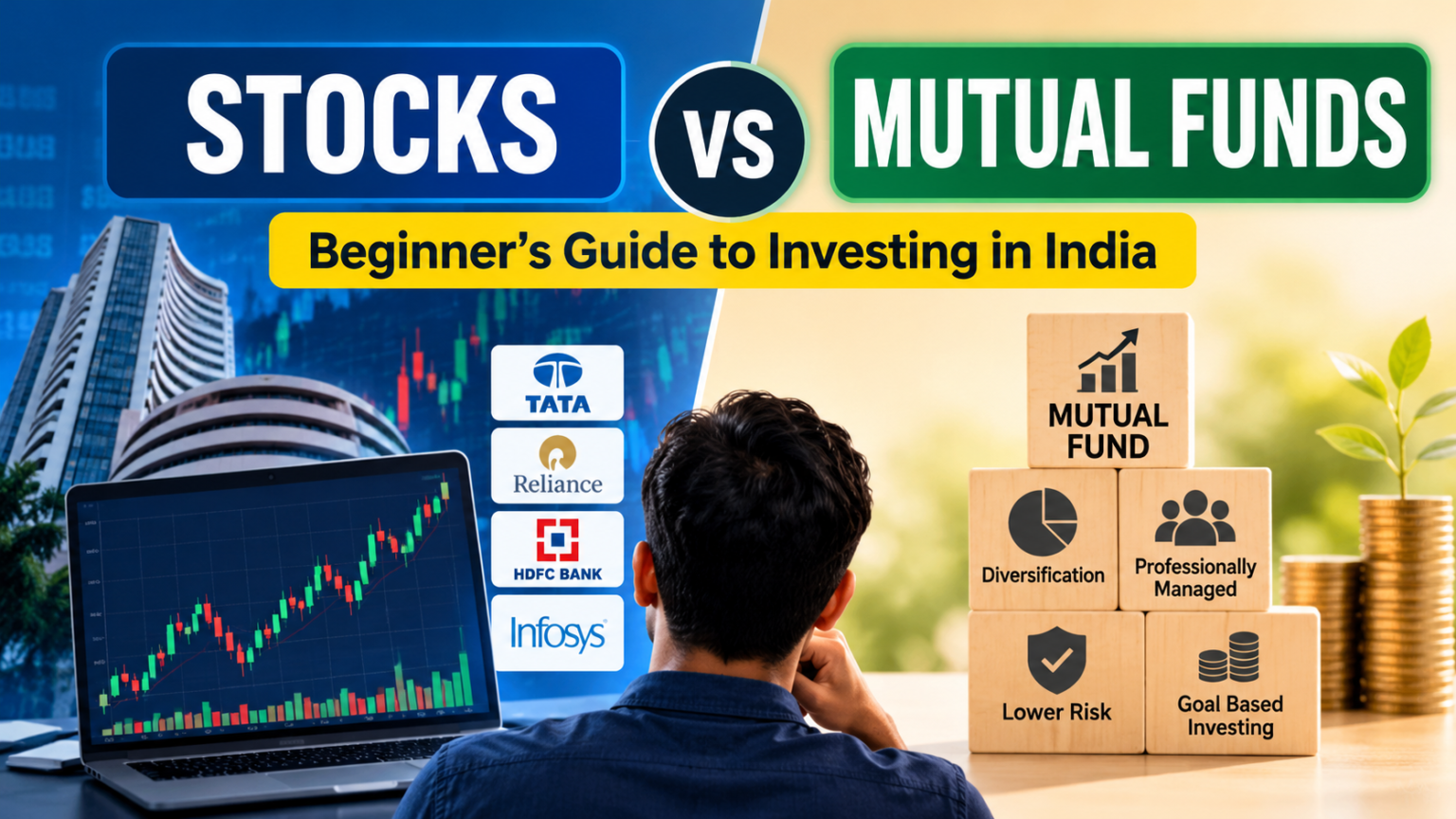 Stocks vs Mutual Funds for Beginners in India – Comparing direct stock investments and mutual fund investing.